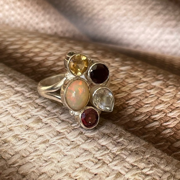 925 silver and natural Opal multi gemstone ring Adjustable Ring!! OS “VIBES” - Picture 6 of 16